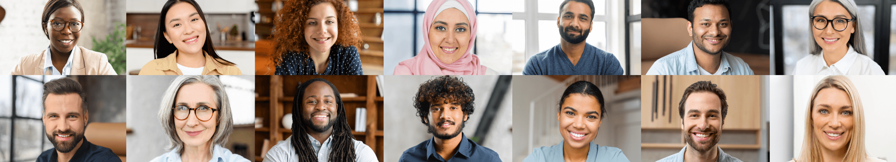 Een groep diverse mensen, met verschillende etniciteiten, leeftijden en stijlen, allemaal lachend en vriendelijk kijkend naar de camera.